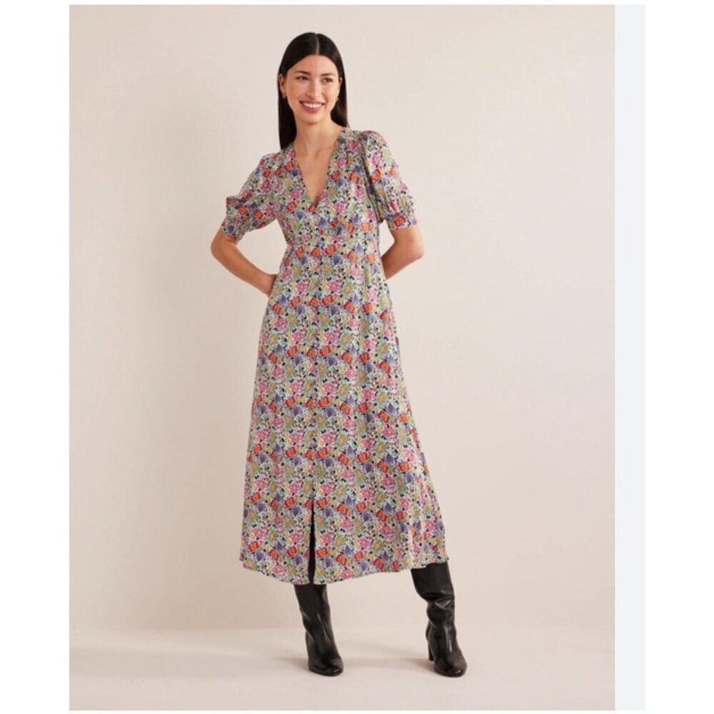 Boden Womens Midi Tea Dress UK 10P US 6P Multicolor V-neck Satin D0467 NWT
